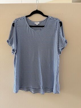 J. Jill Love Linen Blue and White Striped Short Sleeve Open Shoulder Tee